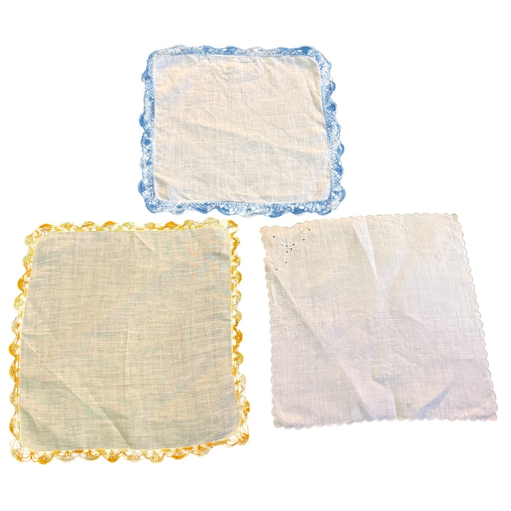 Vintage Linen Handkerchief Set of 3‎ Blue Yellow White Crochet Lace Embroidery
